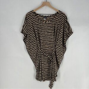 Elif‎ Jordan Taylor Semi Sheer Tan & Black Striped Belted Batwing Tunic Coverup